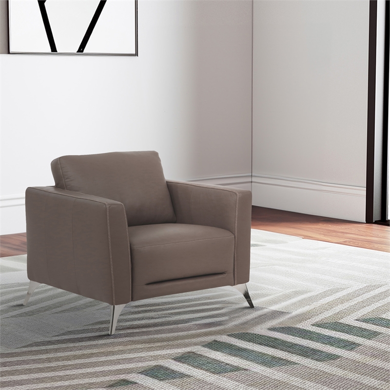 Benjara Leather Upholstered Chair with Track Arms and Angled Metal Feet- Brown