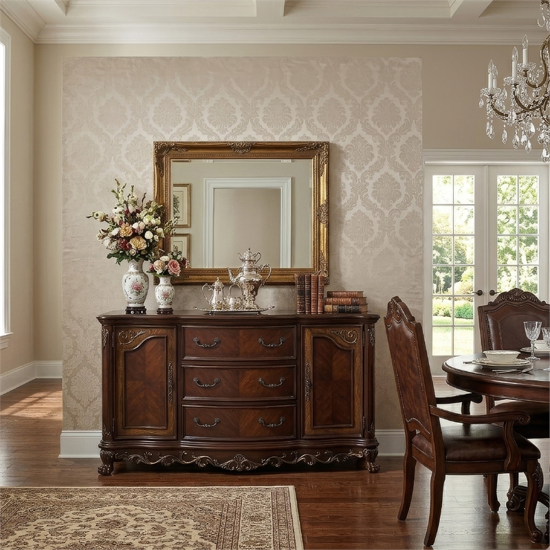 Benjara 2 Doors Cabinet Wooden Buffet with 3 Drawers and Claw Feet- Cherry Brown