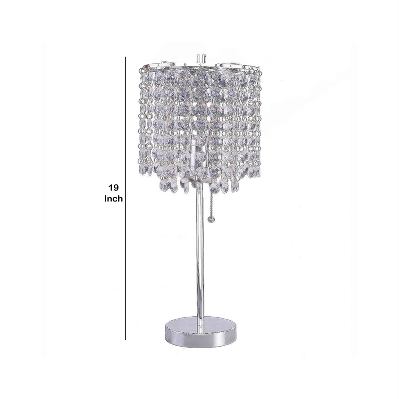 Benjara Chandelier Crystal Accented Table Lamp with Tubular Frame-Chrome & Clear