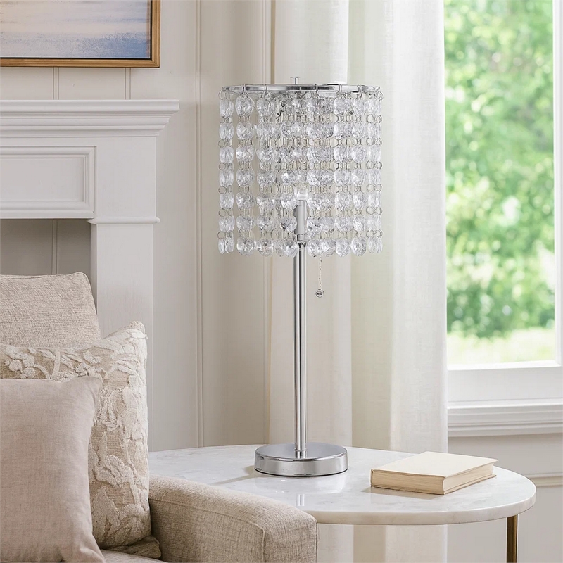 Benjara Chandelier Crystal Accented Table Lamp with Tubular Frame-Chrome & Clear