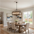 Benjara 6 Bulb Square Chandelier with Wooden Frame & Organza Striped Shade-Brown