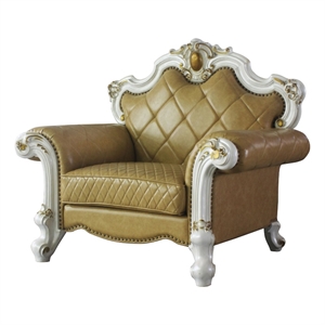 Benjara Leatherette Chair with Diamond Stitching and Carvings- White and Beige