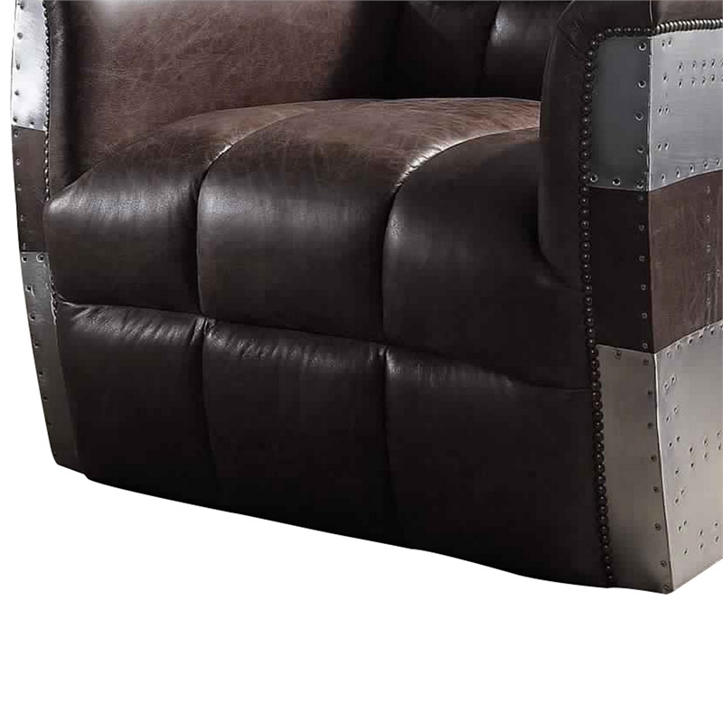 Benjara Vertically Tufted Lounge Chair with Aluminum Patchwork- Brown and Silver