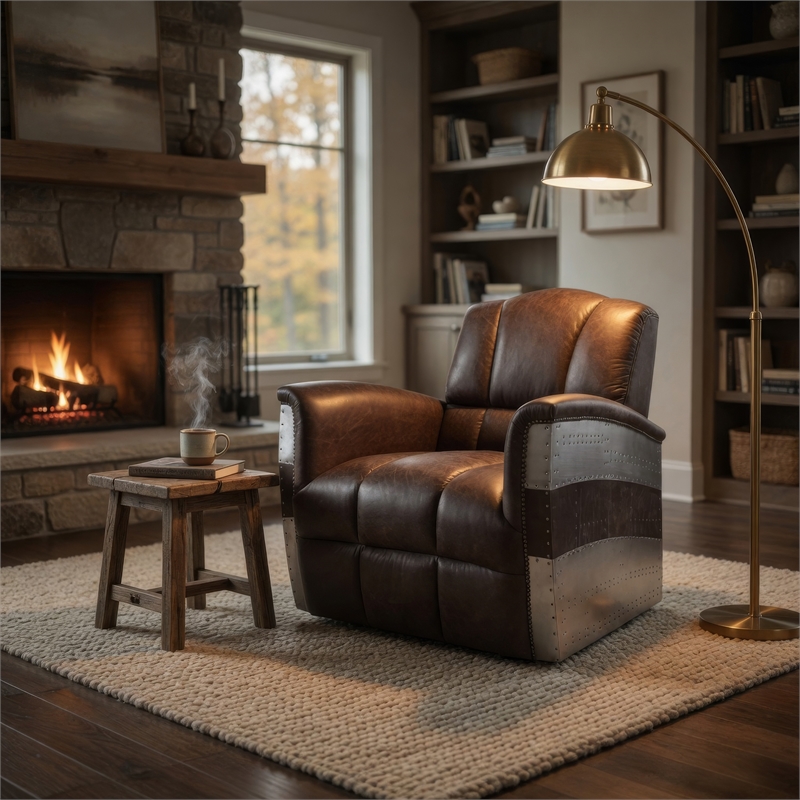 Benjara Vertically Tufted Lounge Chair with Aluminum Patchwork- Brown and Silver
