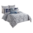 Benjara 9 Piece Queen Polyester Comforter Set with Damask Prints- Blue and Gray
