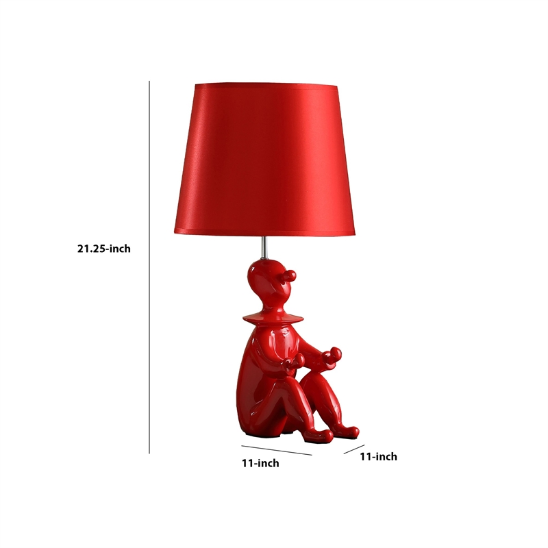 Benjara Fabric Shade Table Lamp with Polyresin Sitting Clown Base- Red