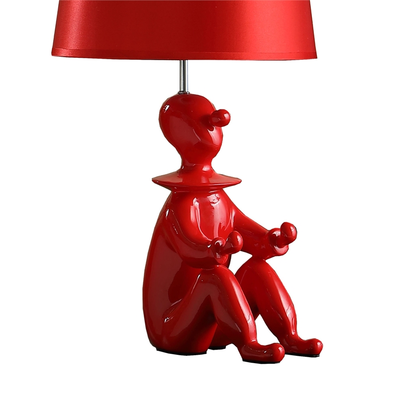 Benjara Fabric Shade Table Lamp with Polyresin Sitting Clown Base- Red