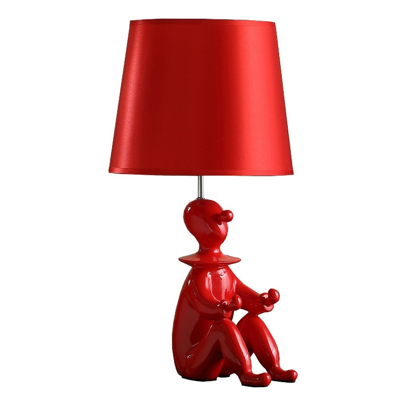Benjara Fabric Shade Table Lamp with Polyresin Sitting Clown Base- Red