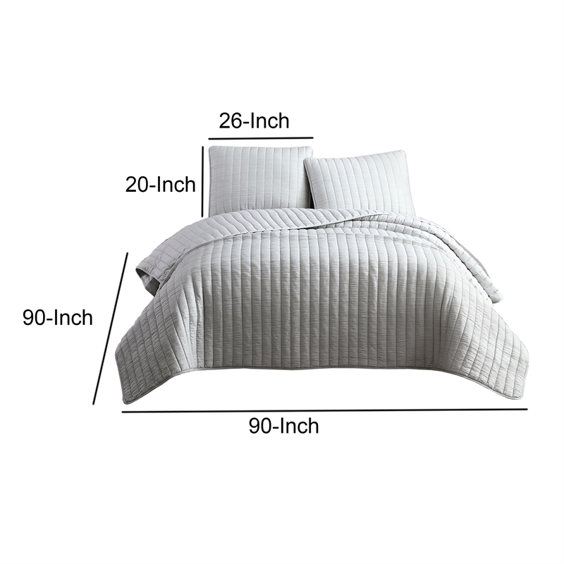 Benjara 3 PC Crinkle Queen Size Coverlet Set with Vertical Stitching-Light Gray