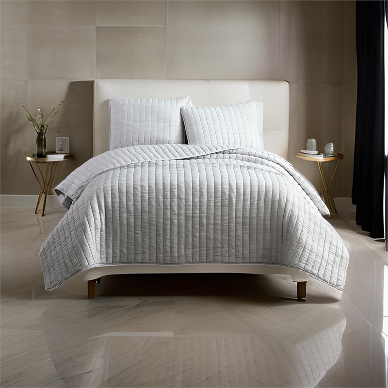 Benjara 3 PC Crinkle Queen Size Coverlet Set with Vertical Stitching-Light Gray