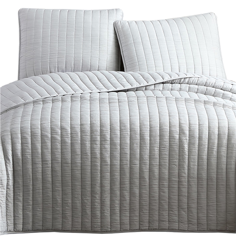 Benjara 3 PC Crinkle Queen Size Coverlet Set with Vertical Stitching-Light Gray