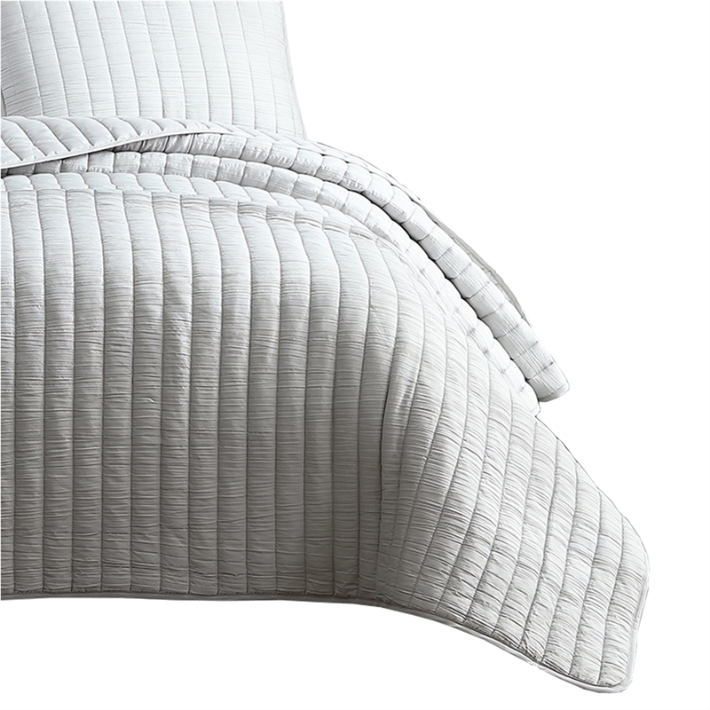 Benjara 3 PC Crinkle Queen Size Coverlet Set with Vertical Stitching-Light Gray