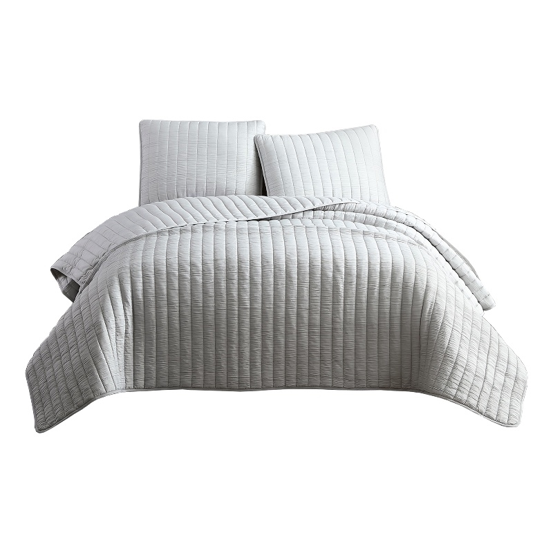 Benjara 3 PC Crinkle Queen Size Coverlet Set with Vertical Stitching-Light Gray