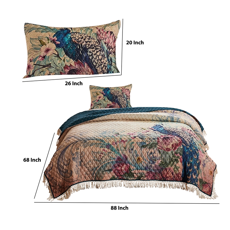 Benjara 2 Piece Twin Size Quilt Set- Floral Print- Crochet Trim- Multicolor