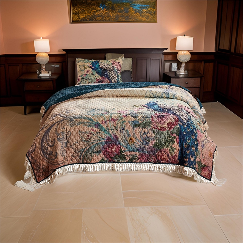 Benjara 2 Piece Twin Size Quilt Set- Floral Print- Crochet Trim- Multicolor