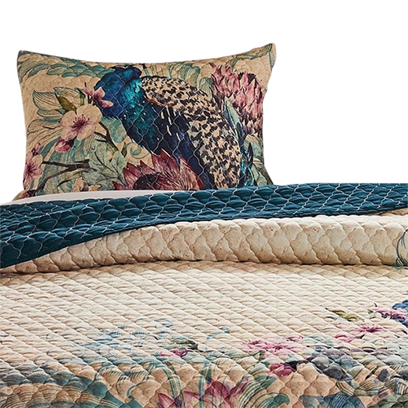 Benjara 2 Piece Twin Size Quilt Set- Floral Print- Crochet Trim- Multicolor