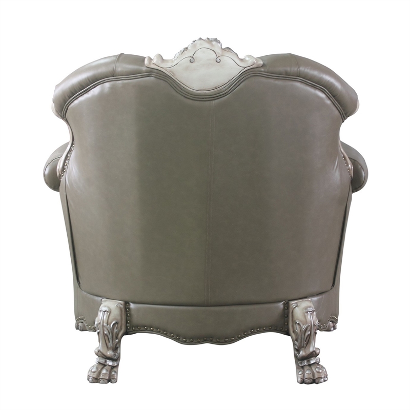 Benjara Traditional Leatherette Chair with Button Tufted and Carved Details-Gray