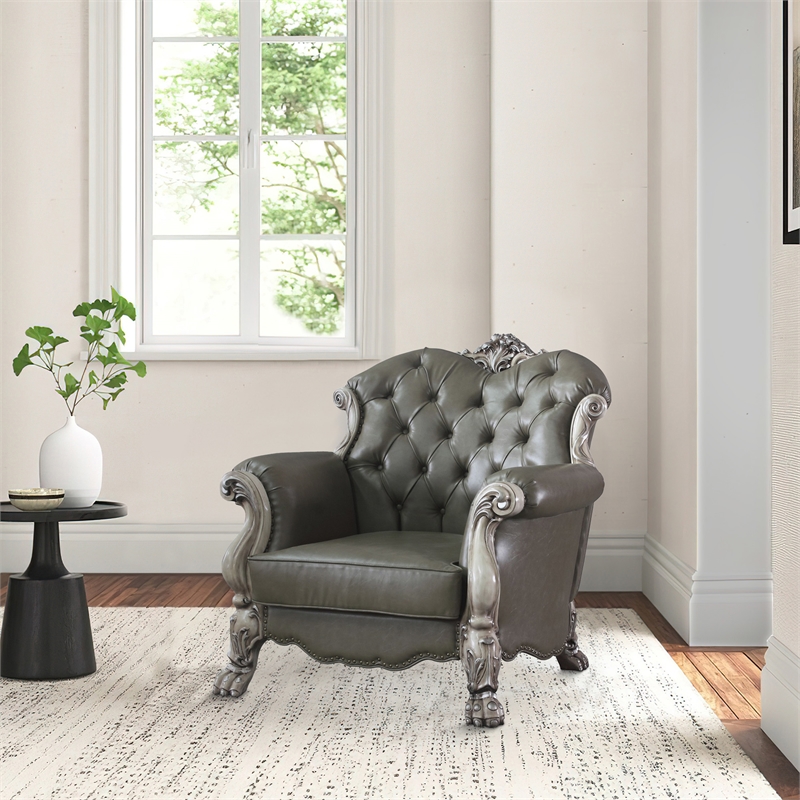 Benjara Traditional Leatherette Chair with Button Tufted and Carved Details-Gray