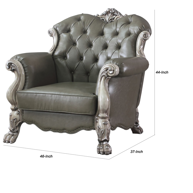 Benjara Traditional Leatherette Chair with Button Tufted and Carved Details-Gray