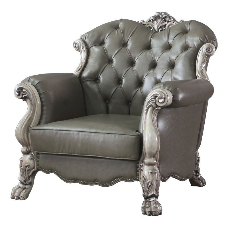 Benjara Traditional Leatherette Chair with Button Tufted and Carved Details-Gray