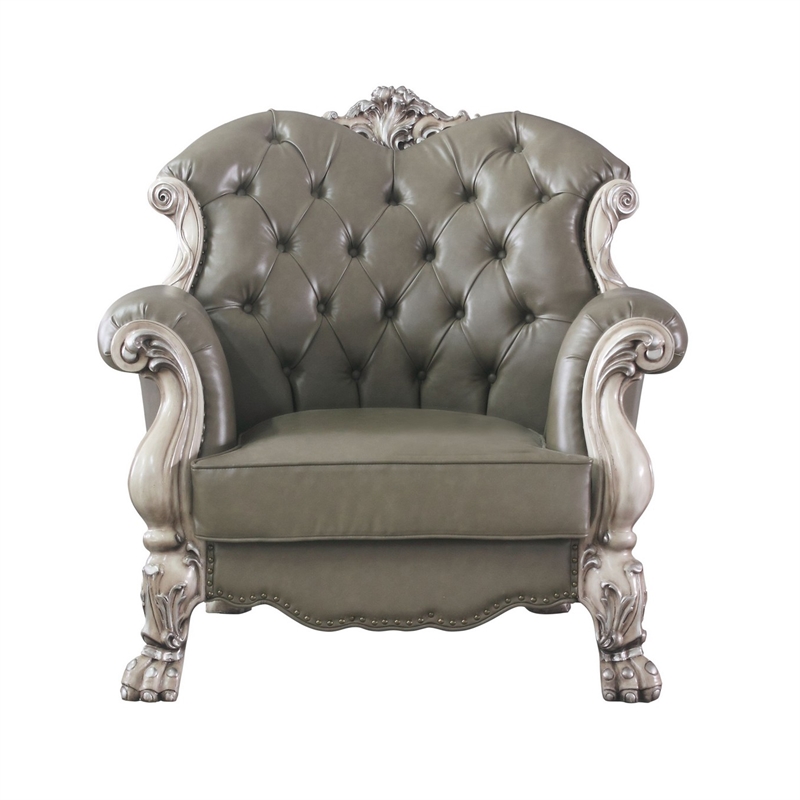 Benjara Traditional Leatherette Chair with Button Tufted and Carved Details-Gray