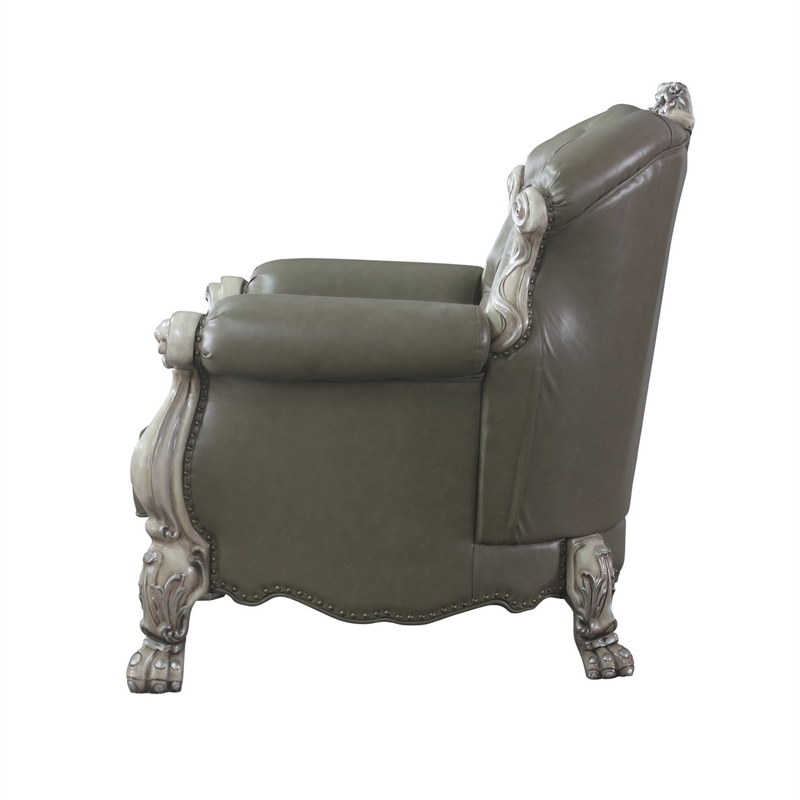 Benjara Traditional Leatherette Chair with Button Tufted and Carved Details-Gray