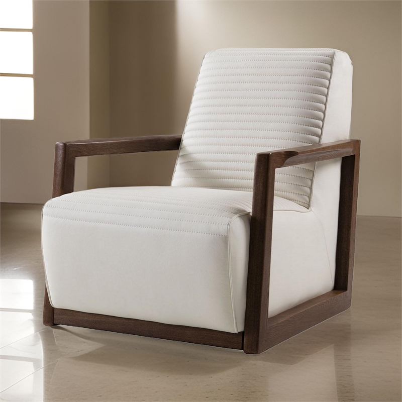 Benjara Horizontally Stitched Leather Accent Chair with Wooden Arms-White/Brown