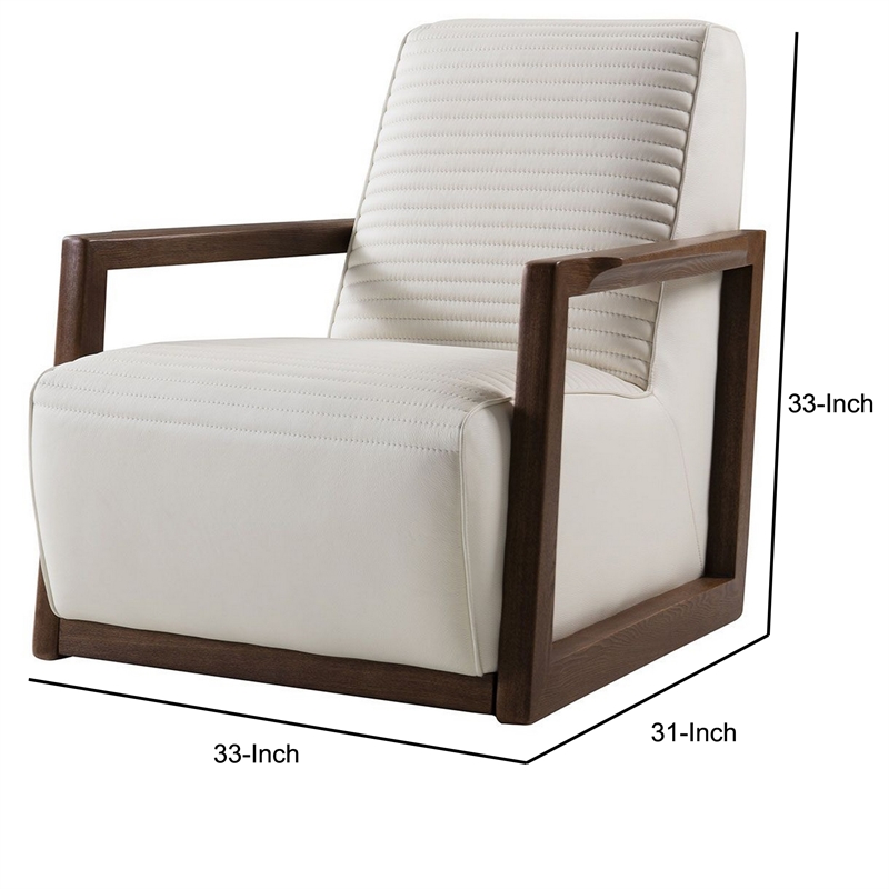 Benjara Horizontally Stitched Leather Accent Chair with Wooden Arms-White/Brown