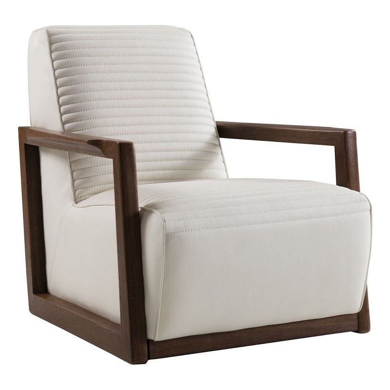 Benjara Horizontally Stitched Leather Accent Chair with Wooden Arms-White/Brown