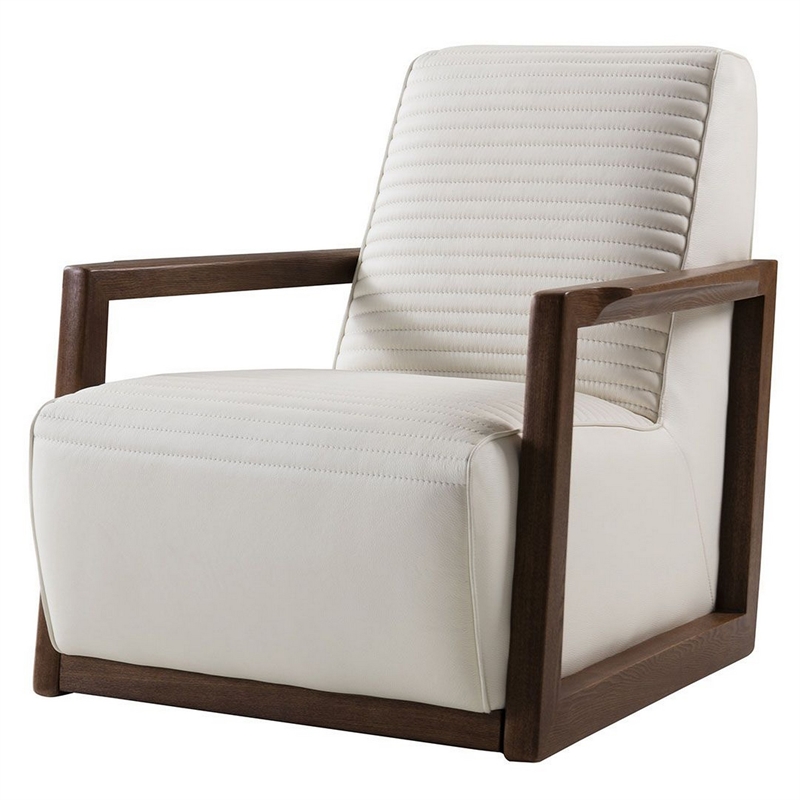 Benjara Horizontally Stitched Leather Accent Chair with Wooden Arms-White/Brown