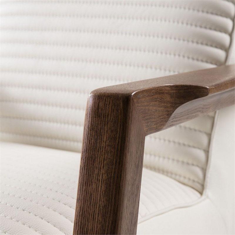 Benjara Horizontally Stitched Leather Accent Chair with Wooden Arms-White/Brown