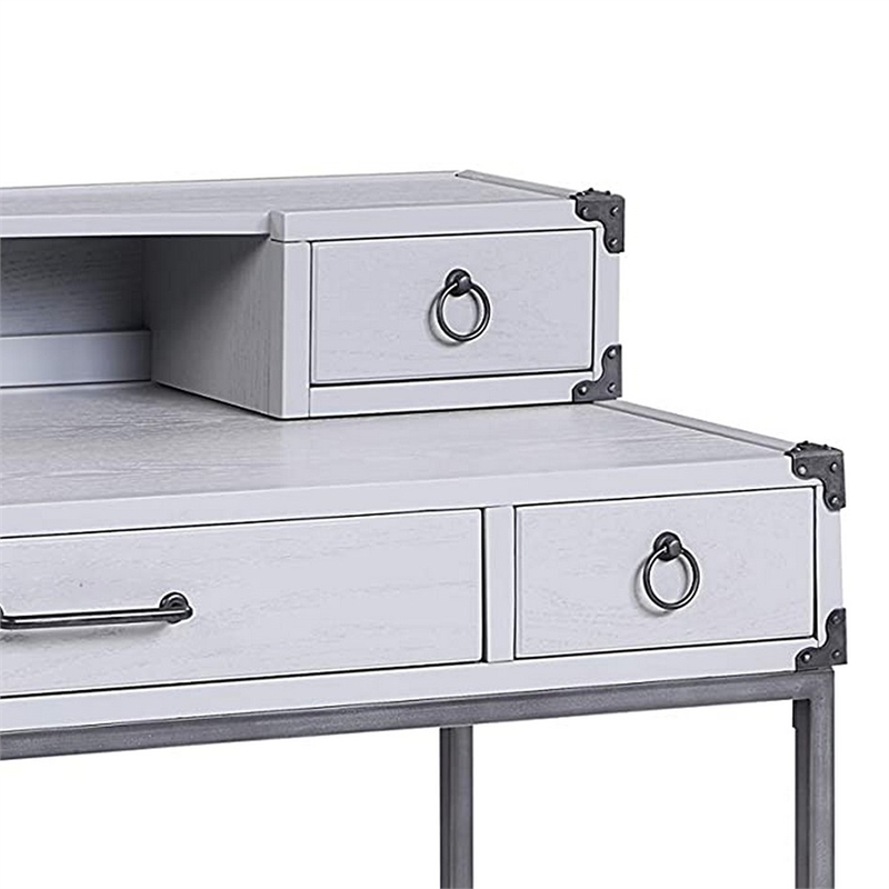Benjara 5 Drawer Wooden Desk and Hutch with Ring Pulls- Gray