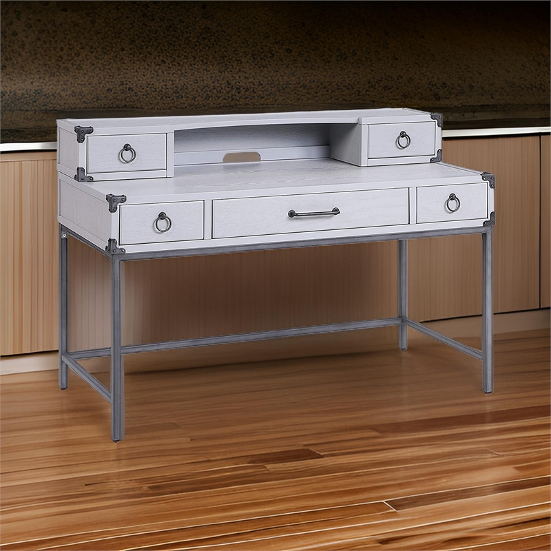 Benjara 5 Drawer Wooden Desk and Hutch with Ring Pulls- Gray