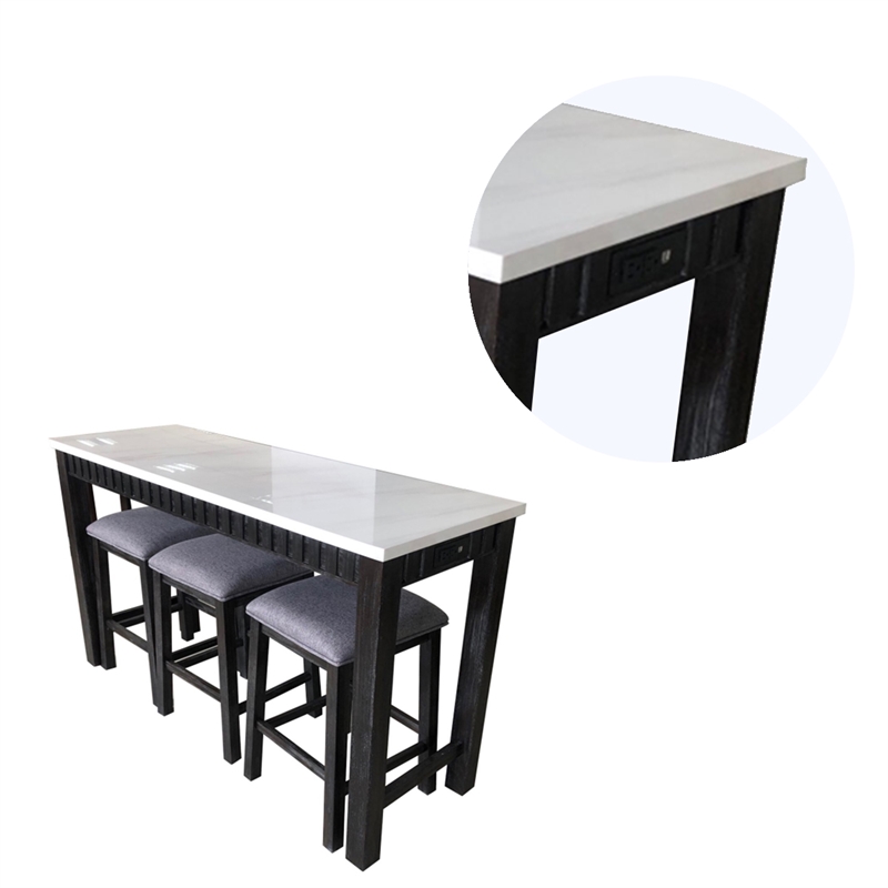 Benjara 4 Piece Marble Top Table and Stool Set- White and Brown