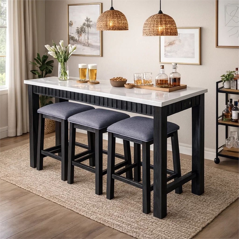 Benjara 4 Piece Marble Top Table and Stool Set- White and Brown