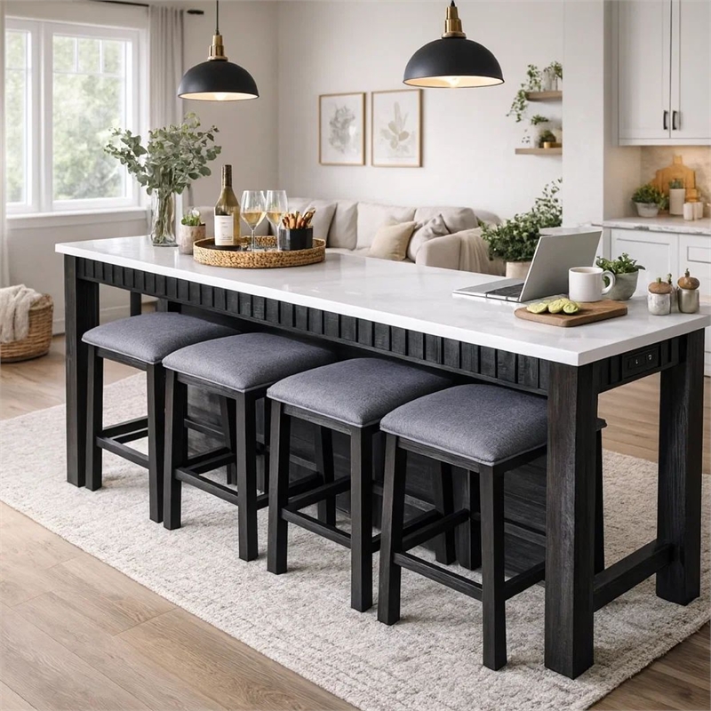 Benjara 4 Piece Marble Top Table and Stool Set- White and Brown