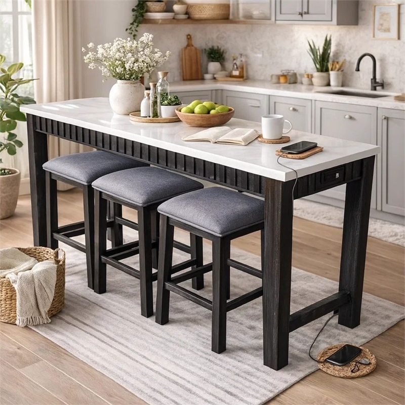 Benjara 4 Piece Marble Top Table and Stool Set- White and Brown