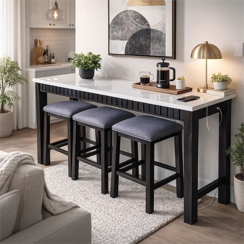 Benjara 4 Piece Marble Top Table and Stool Set- White and Brown