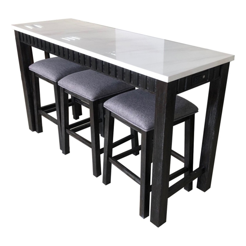 Benjara 4 Piece Marble Top Table and Stool Set- White and Brown