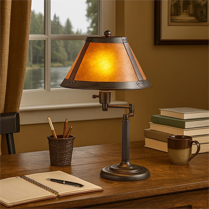 Benjara Metal Body Swing Arm Table Lamp with Conical Mica Shade- Bronze