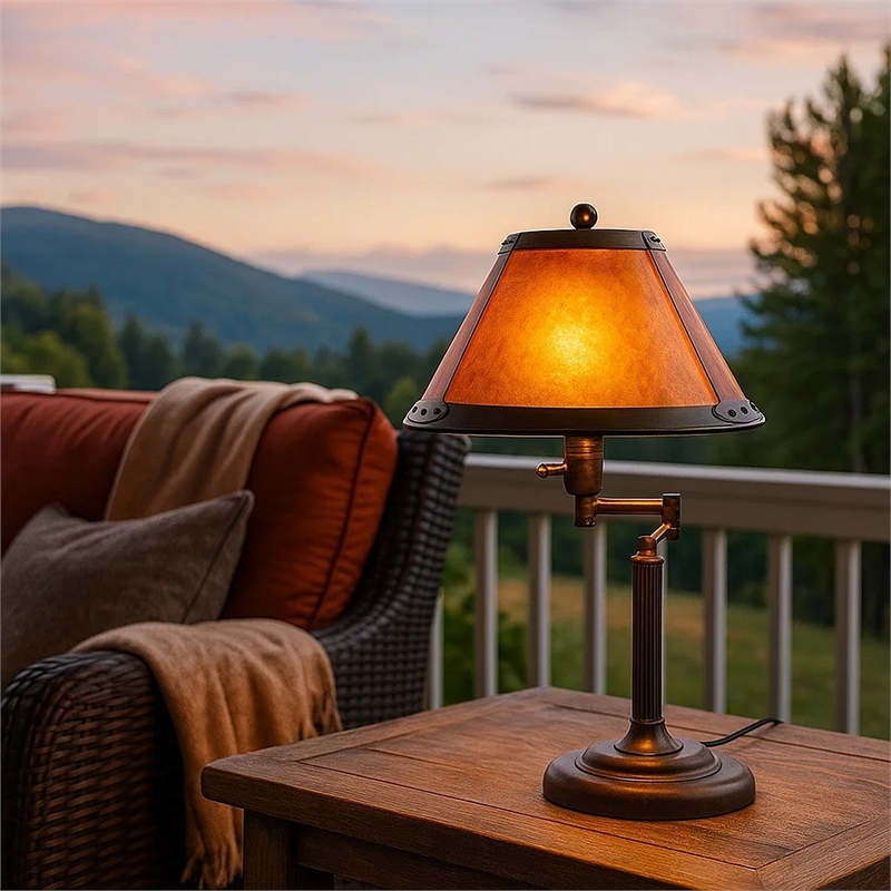Benjara Metal Body Swing Arm Table Lamp with Conical Mica Shade- Bronze