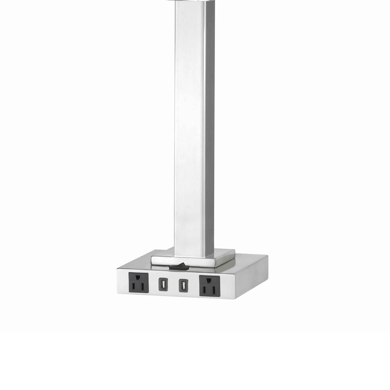 Benjara Trapezoid Shade Table Lamp with Metal Base & 2 USB Ports-White & Chrome