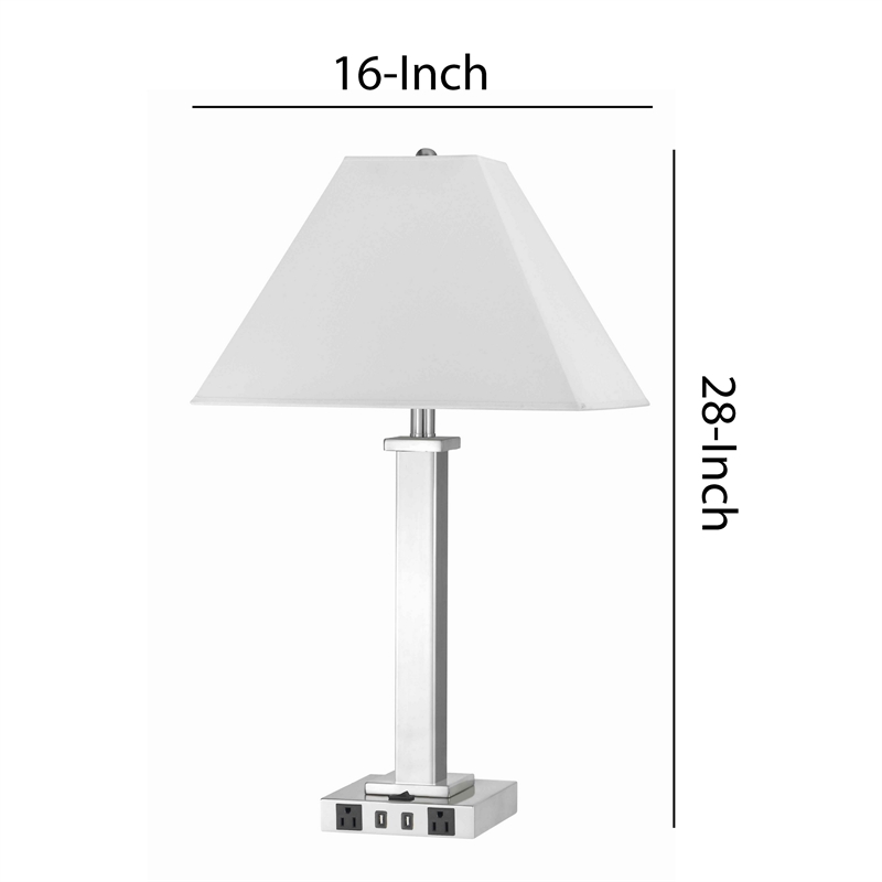 Benjara Trapezoid Shade Table Lamp with Metal Base & 2 USB Ports-White & Chrome