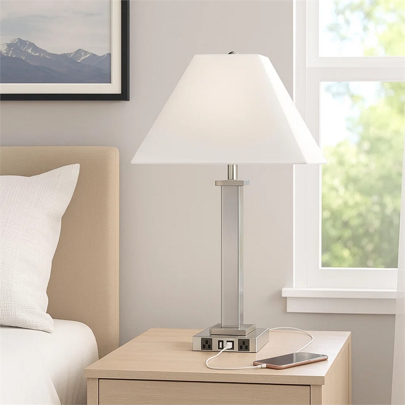 Benjara Trapezoid Shade Table Lamp with Metal Base & 2 USB Ports-White & Chrome