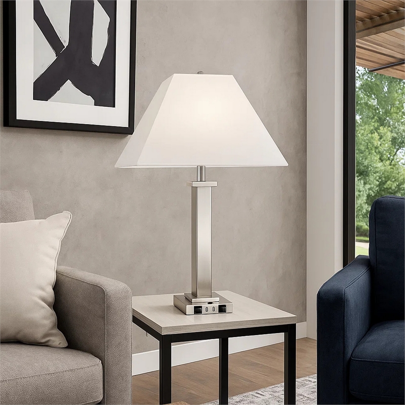 Benjara Trapezoid Shade Table Lamp with Metal Base & 2 USB Ports-White & Chrome