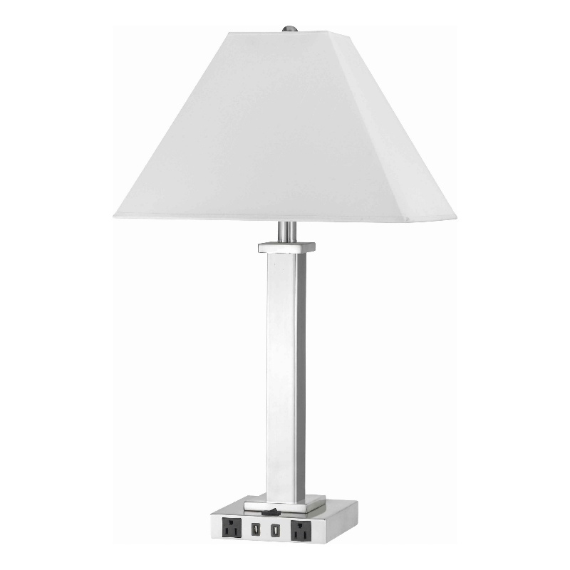 Benjara Trapezoid Shade Table Lamp with Metal Base & 2 USB Ports-White & Chrome