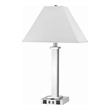 Benjara Trapezoid Shade Table Lamp with Metal Base & 2 USB Ports-White & Chrome