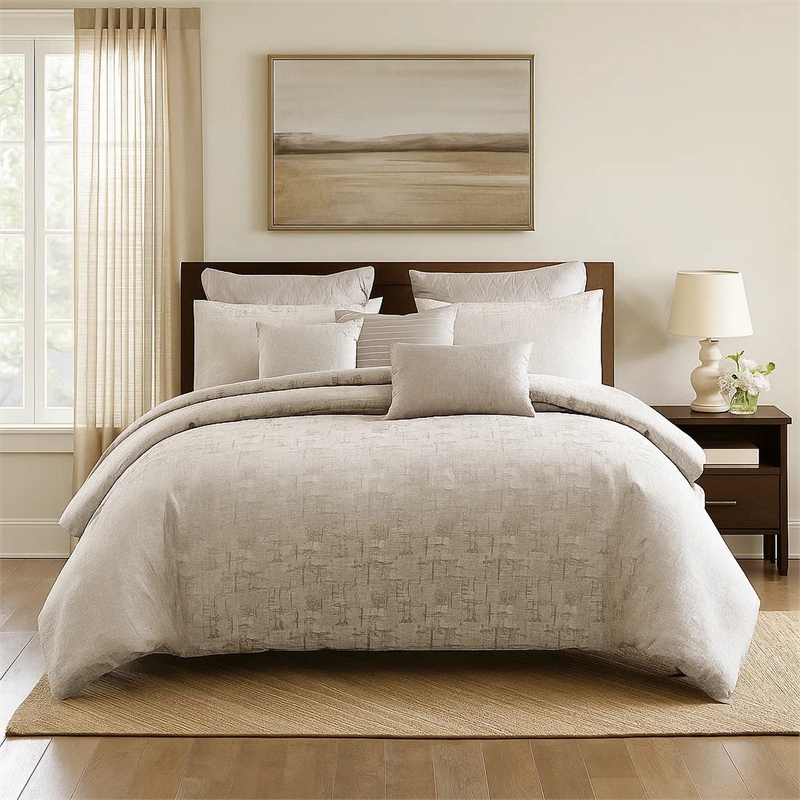 Benjara 10 Piece King Polyester Comforter Set with Jacquard Print- Gray