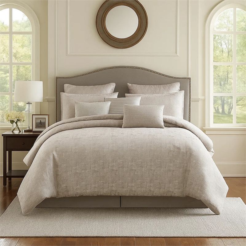 Benjara 10 Piece King Polyester Comforter Set with Jacquard Print- Gray