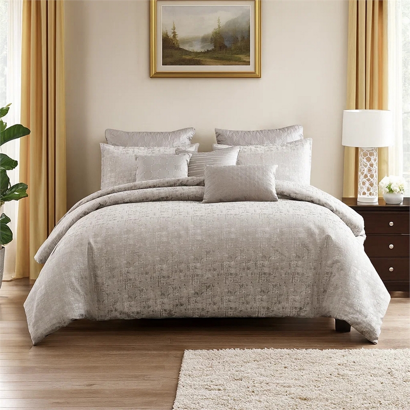 Benjara 9 Piece Queen Polyester Comforter Set with Jacquard Print- Gray